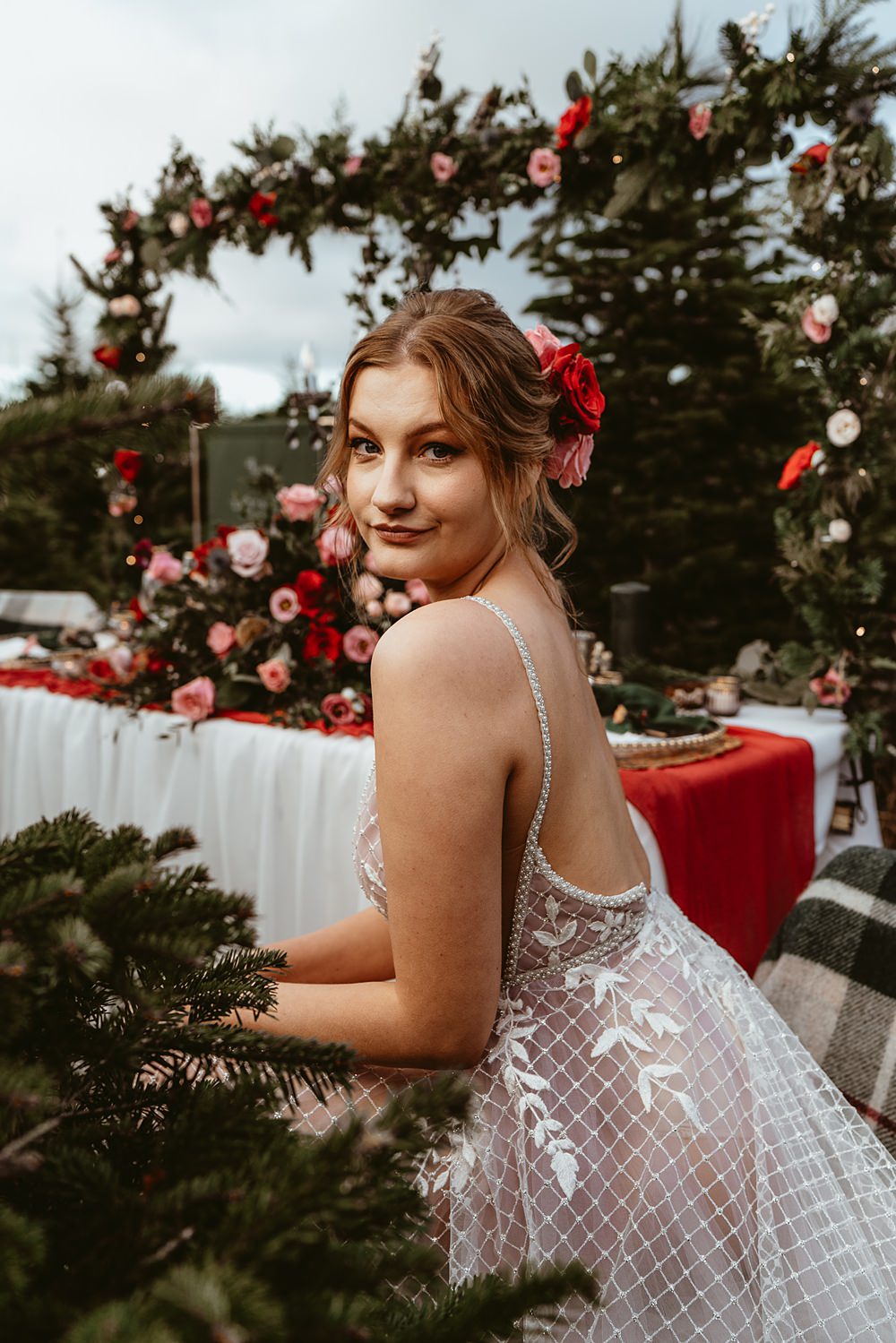 Dress Gown Bride Bridal Tulle Sheer Christmas Tree Farm Wedding Adrianna Piorun Photography