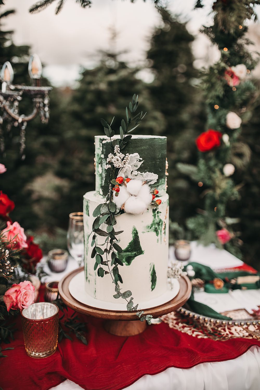Two Tier Cake Green Greenery Cotton Christmas Tree Farm Wedding Barbara Markiewicz Photography