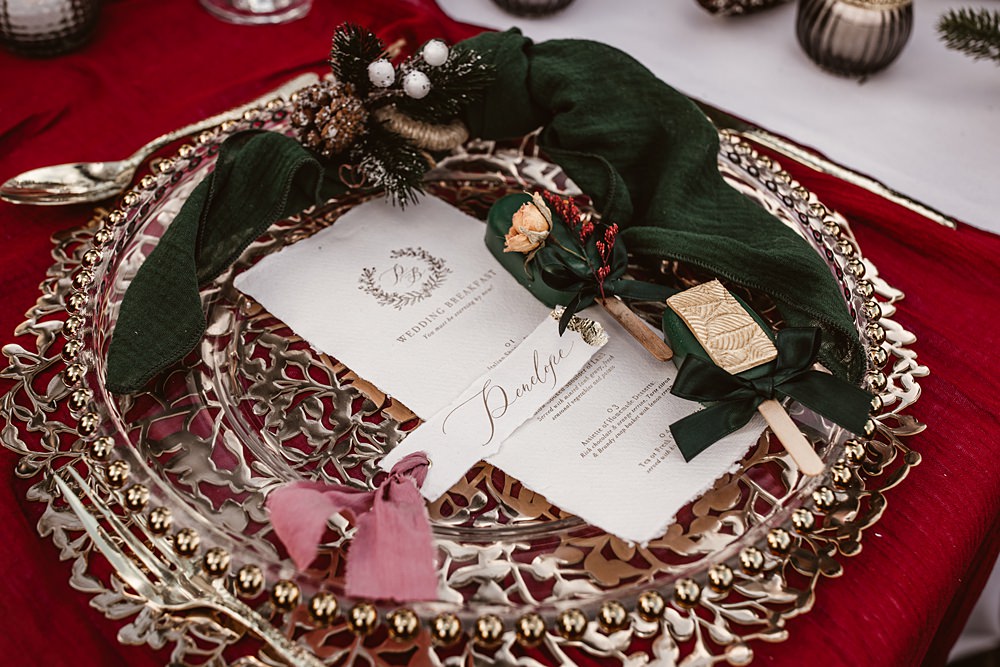 Place Setting Decor Place Name Calligraphy Lolly Favour Christmas Tree Farm Wedding Barbara Markiewicz Photography