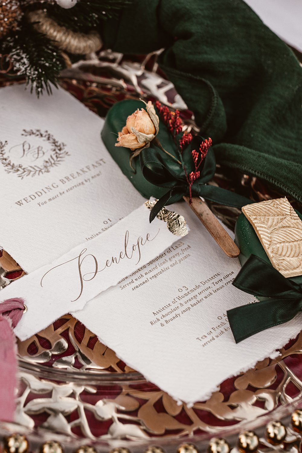 Place Setting Decor Place Name Calligraphy Lolly Favour Christmas Tree Farm Wedding Barbara Markiewicz Photography