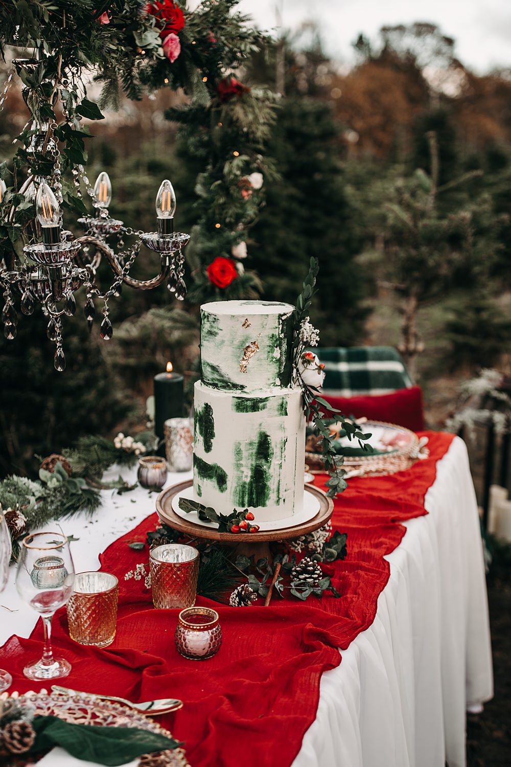 Two Tier Cake Green Greenery Cotton Table Christmas Tree Farm Wedding Barbara Markiewicz Photography