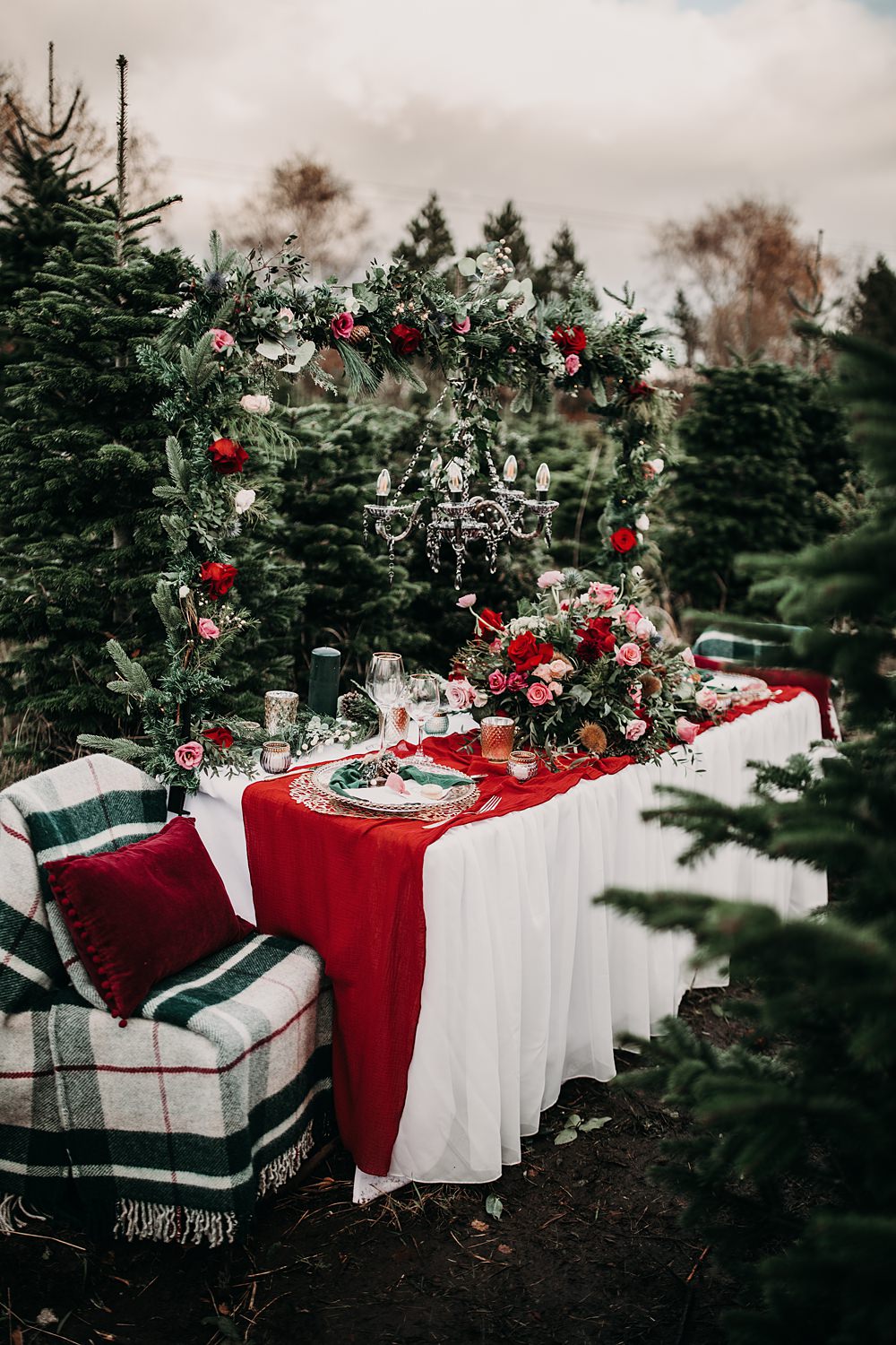 Table Tablescape Decor Spruce Pine Greenery Red Green Candles Christmas Tree Farm Wedding Barbara Markiewicz Photography