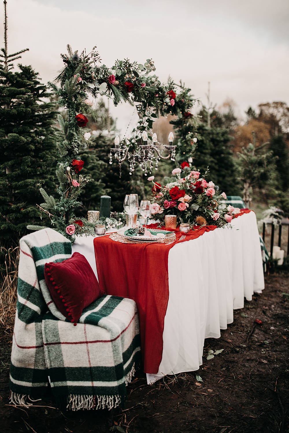 Table Tablescape Decor Spruce Pine Greenery Red Green Candles Christmas Tree Farm Wedding Barbara Markiewicz Photography