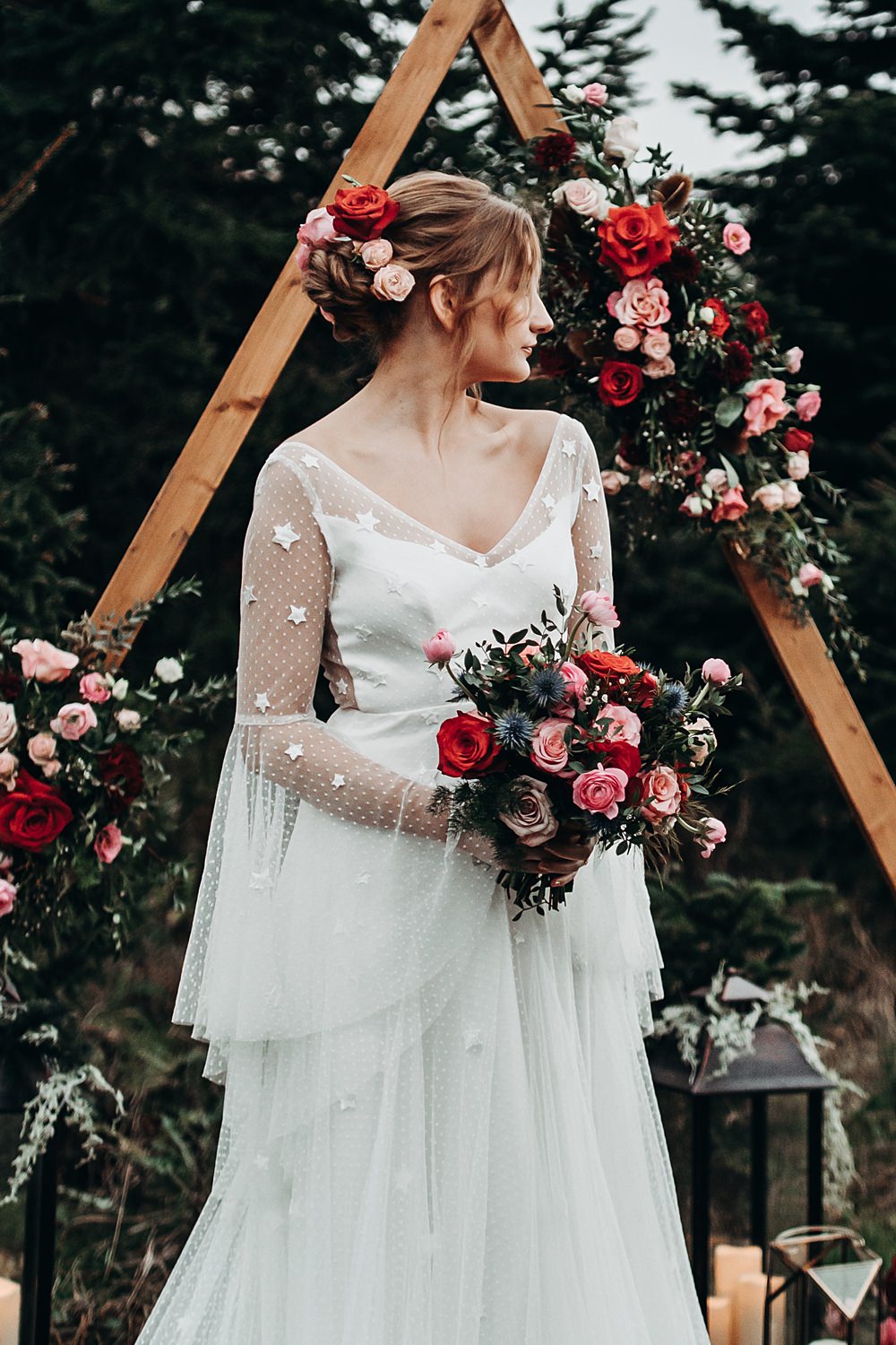 Dress Gown Bride Bridal Stars Tulle Sleeves Christmas Tree Farm Wedding Barbara Markiewicz Photography