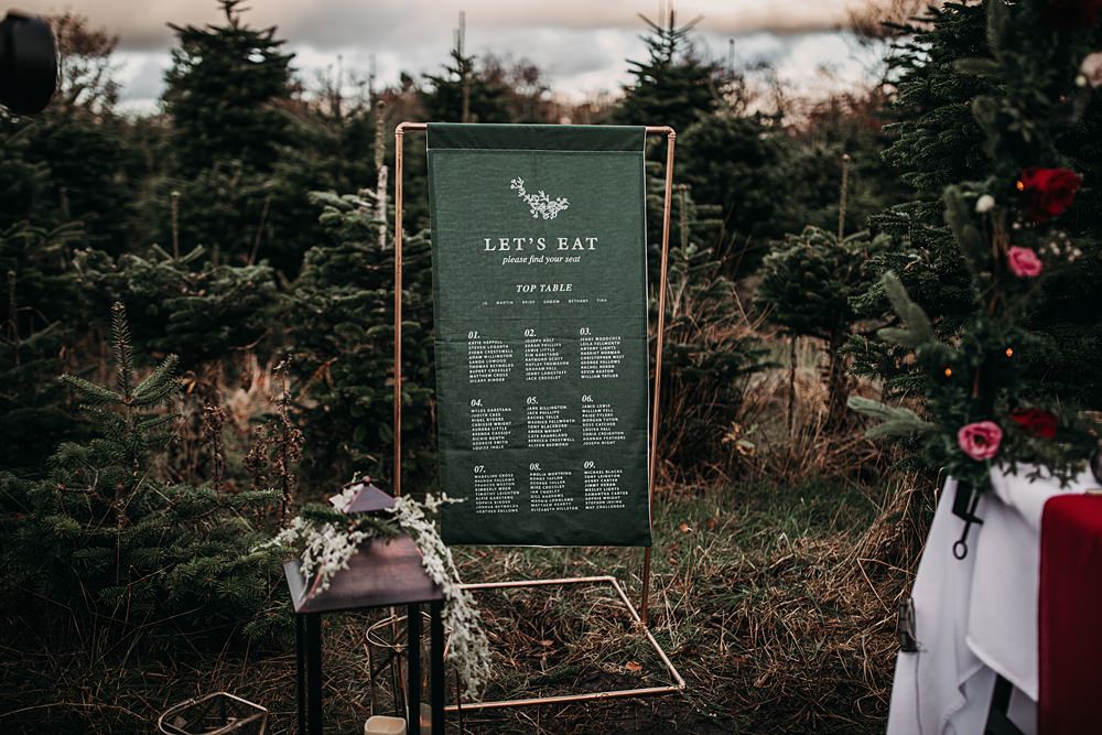 Green Table Plan Seating Chart Christmas Tree Farm Wedding Barbara Markiewicz Photography