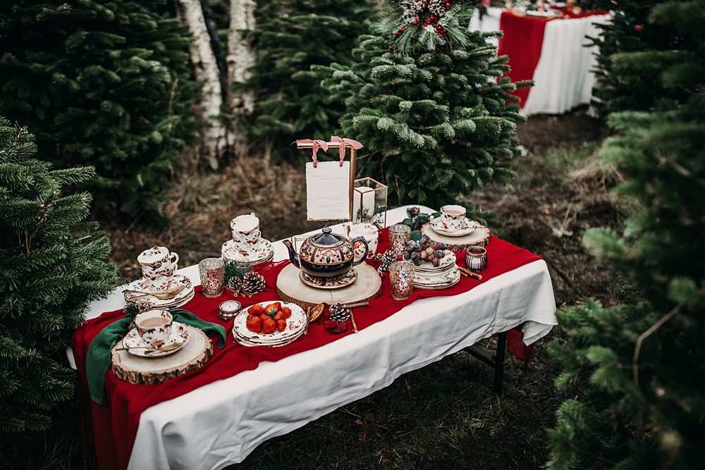 Afternoon Tea Table Christmas Tree Farm Wedding Barbara Markiewicz Photography