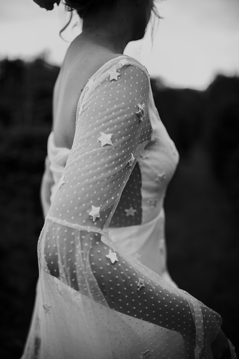 Dress Gown Bride Bridal Stars Tulle Sleeves Christmas Tree Farm Wedding Barbara Markiewicz Photography