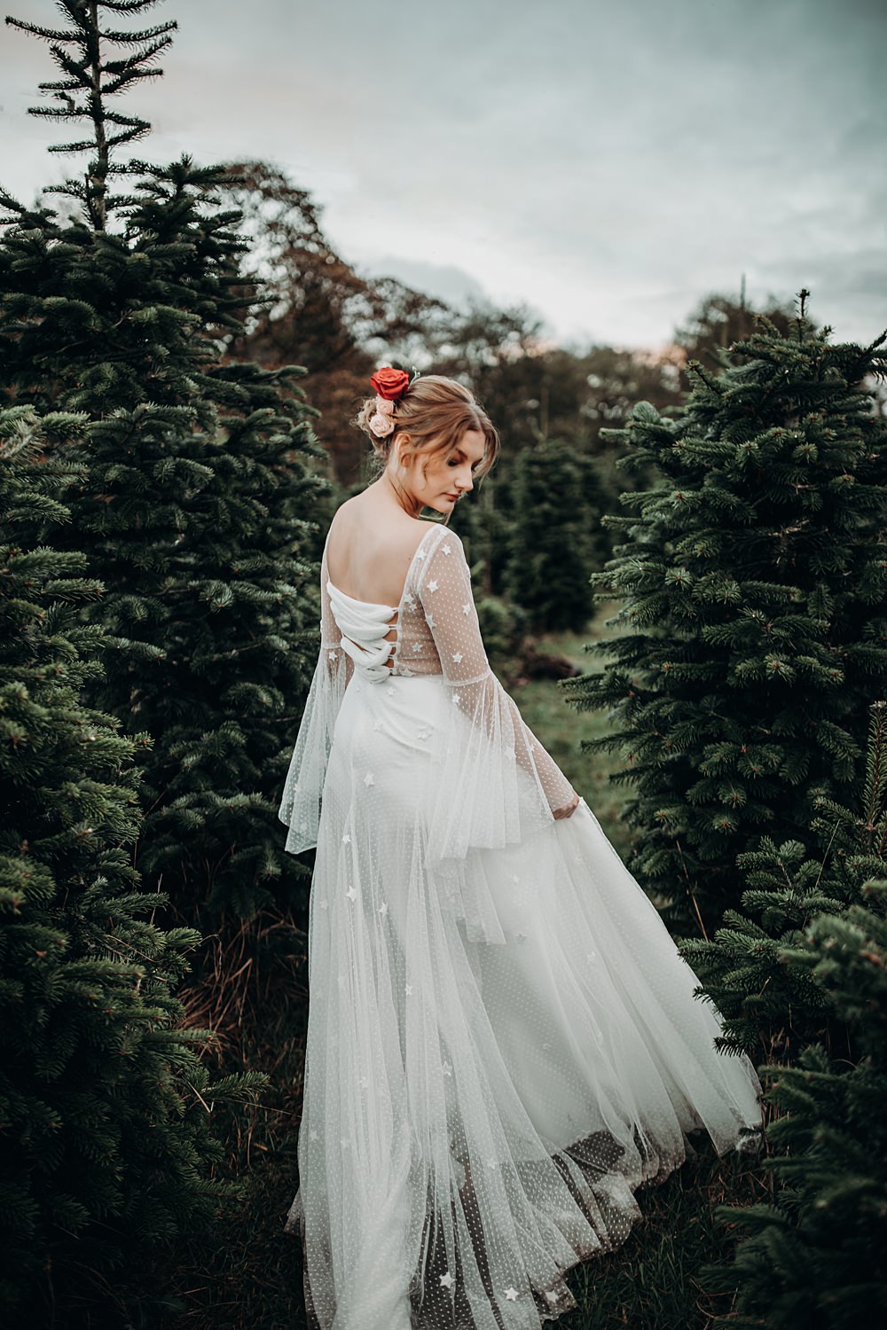 Dress Gown Bride Bridal Stars Tulle Sleeves Christmas Tree Farm Wedding Barbara Markiewicz Photography