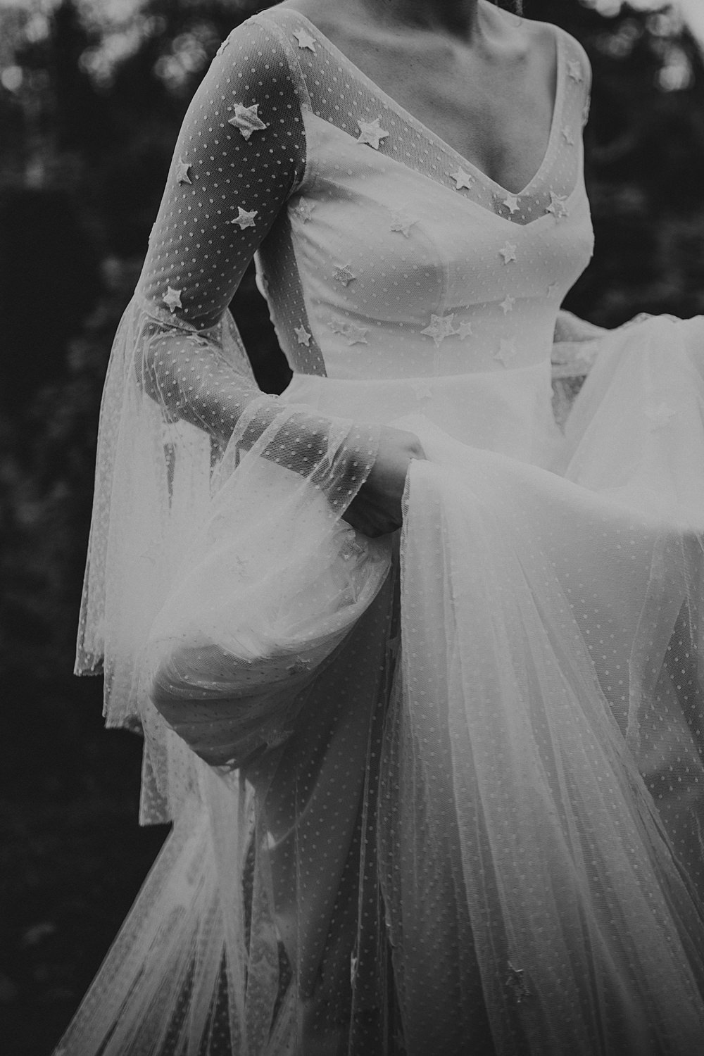 Dress Gown Bride Bridal Stars Tulle Sleeves Christmas Tree Farm Wedding Barbara Markiewicz Photography