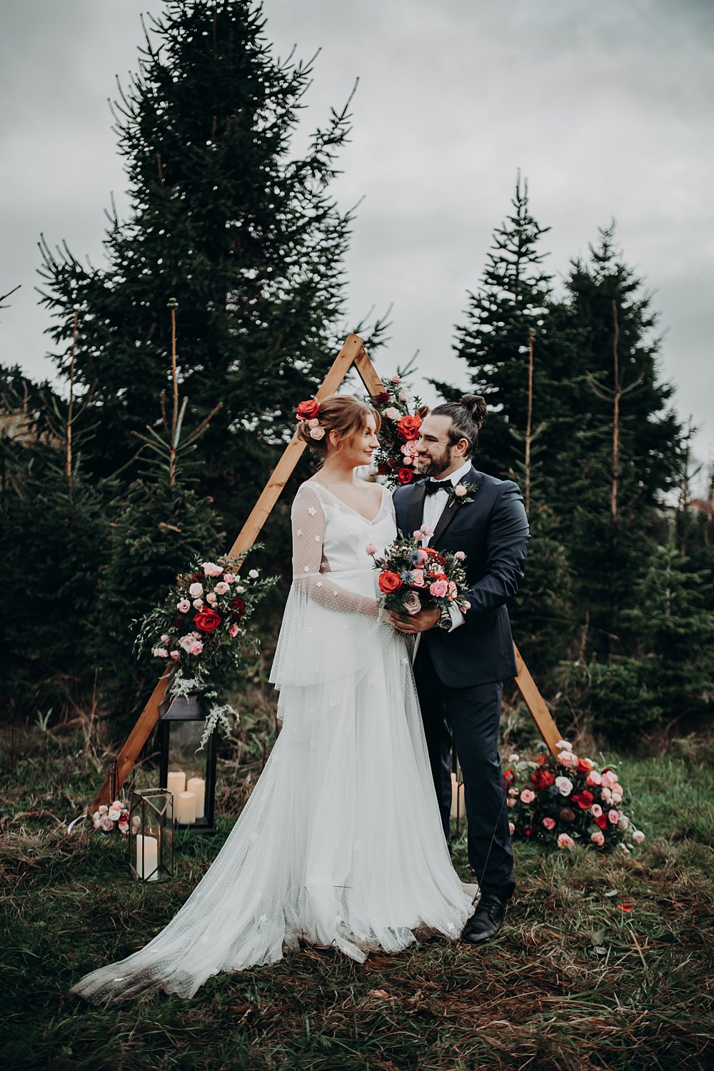 Triangle Arch Ceremony Flowers Backdrop Christmas Tree Farm Wedding Barbara Markiewicz Photography