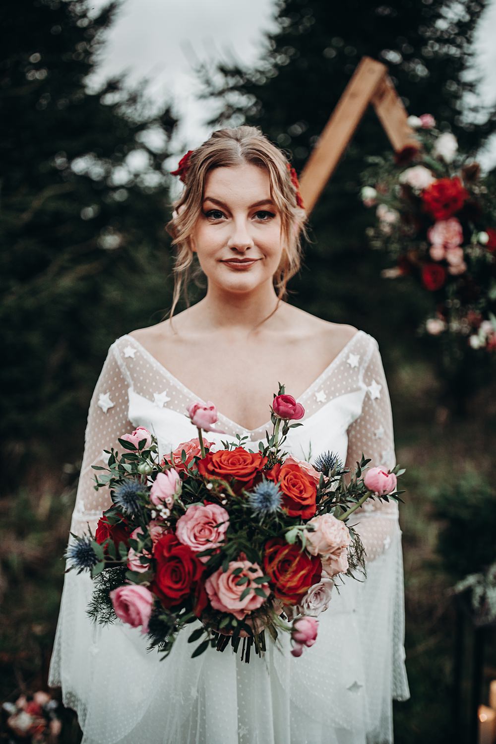 Bride Bridal Bouquet Flowers Red Pink Rose Thistle Christmas Tree Farm Wedding Barbara Markiewicz Photography