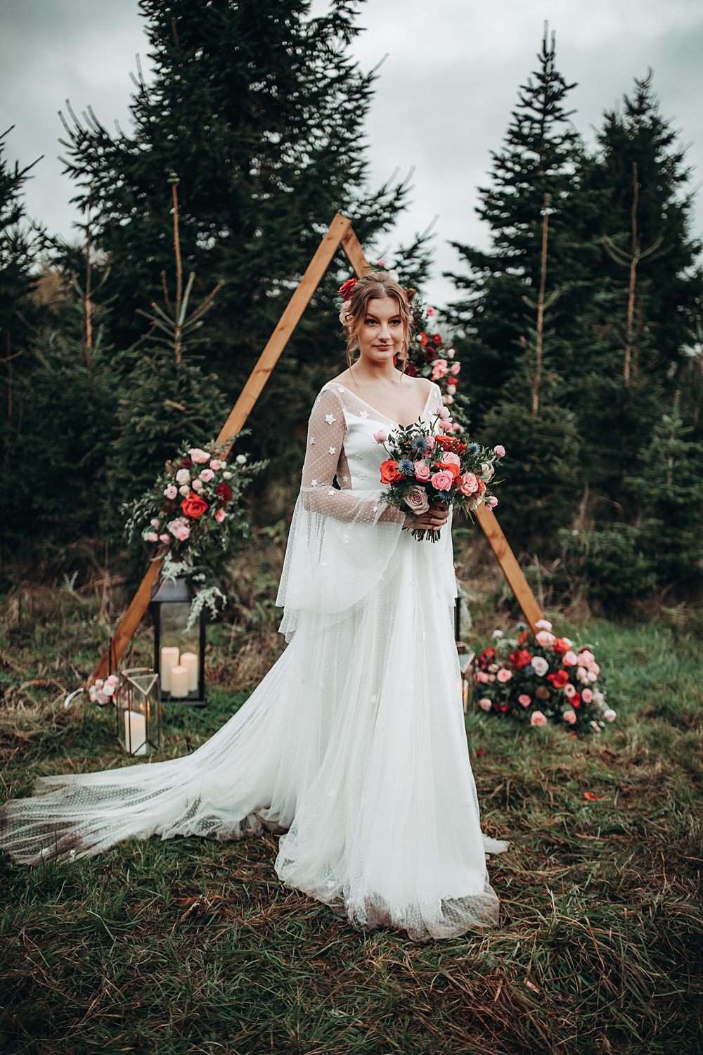 Dress Gown Bride Bridal Stars Tulle Sleeves Christmas Tree Farm Wedding Barbara Markiewicz Photography