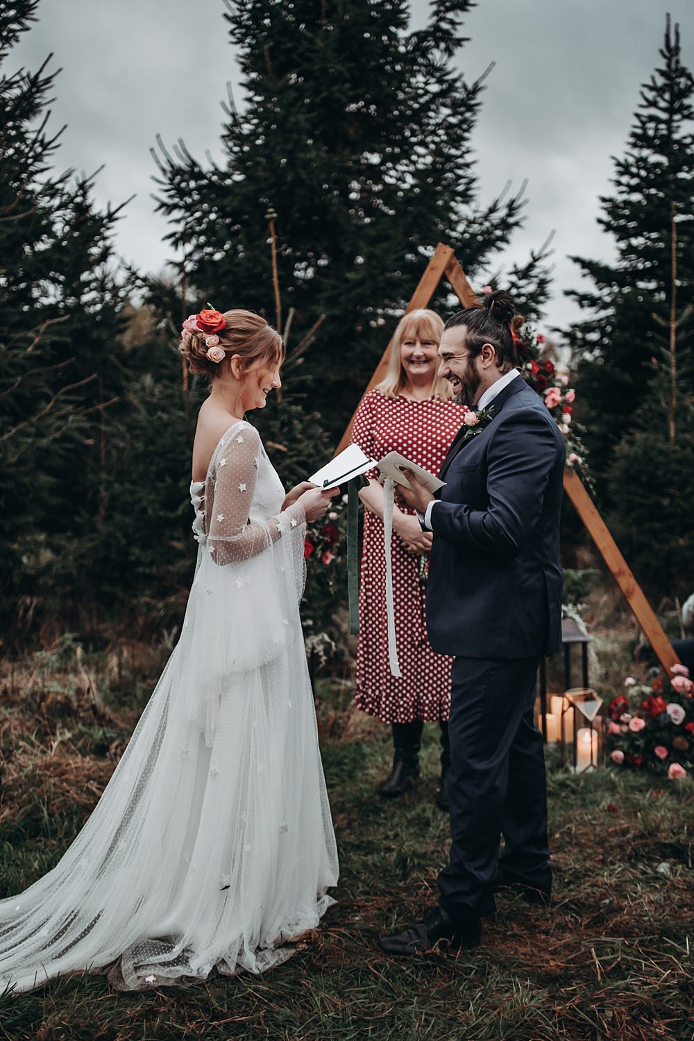 Triangle Arch Ceremony Flowers Backdrop Christmas Tree Farm Wedding Barbara Markiewicz Photography