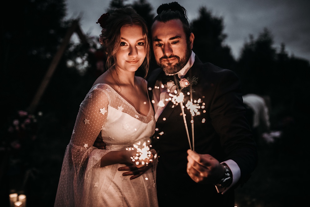 Sparklers Bride Groom Christmas Tree Farm Wedding Barbara Markiewicz Photography