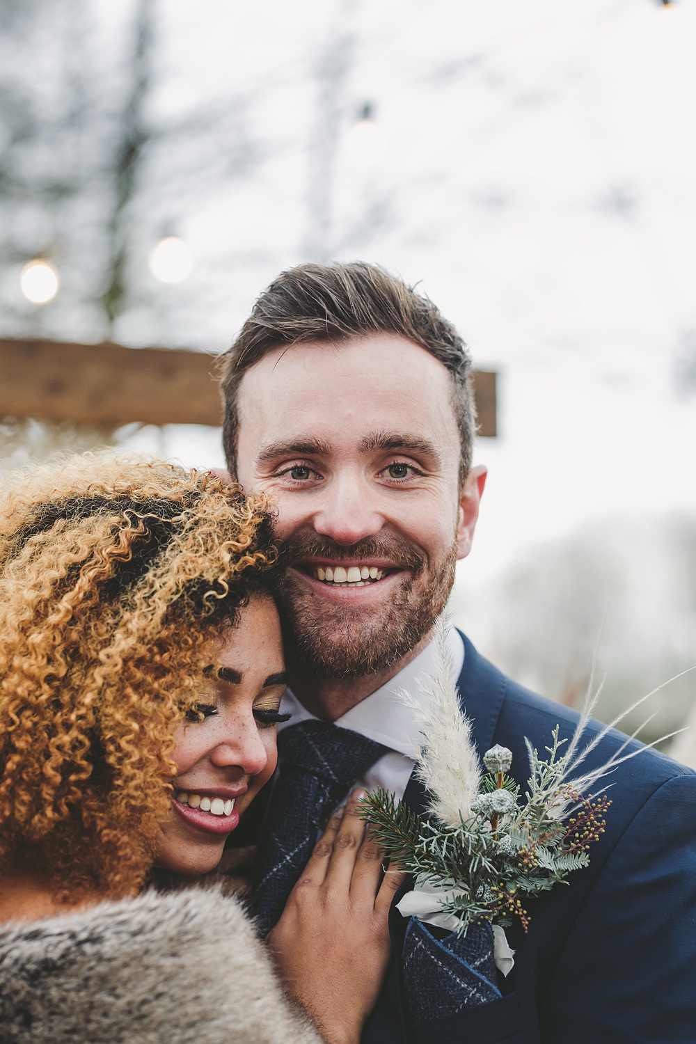 Groom Navy Suit Check Waistcoat Tie Oversized Large Buttonhole Christmas Wedding Ideas Mini and Me Photography