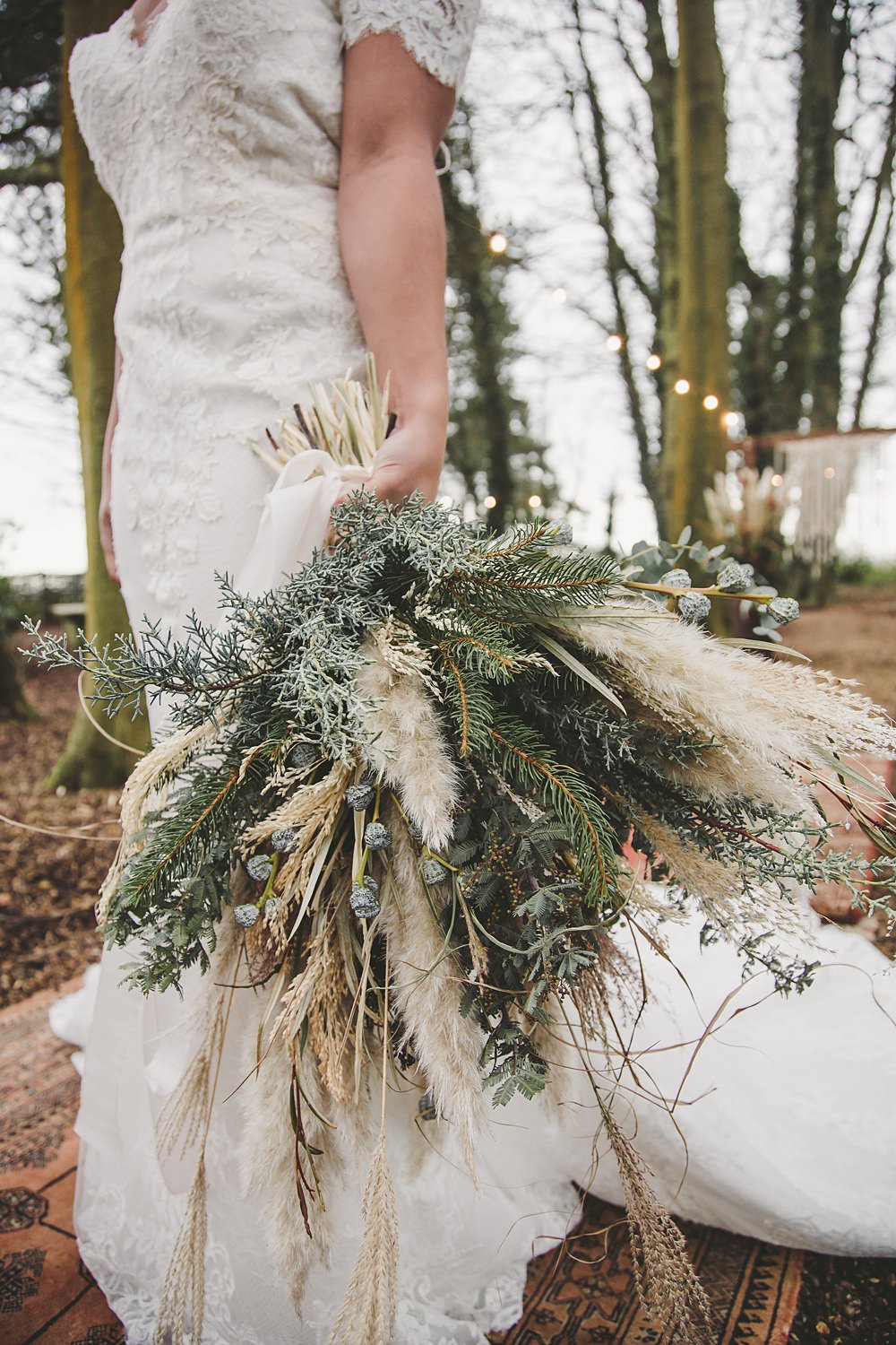 Large Bridal Bouquet Flowers Pampas Grass Eucalyptus Christmas Wedding Ideas Mini and Me Photography