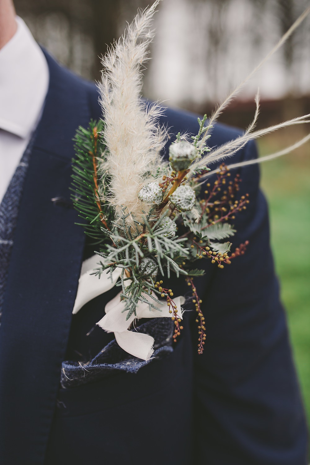 Groom Navy Suit Check Waistcoat Tie Oversized Large Buttonhole Christmas Wedding Ideas Mini and Me Photography