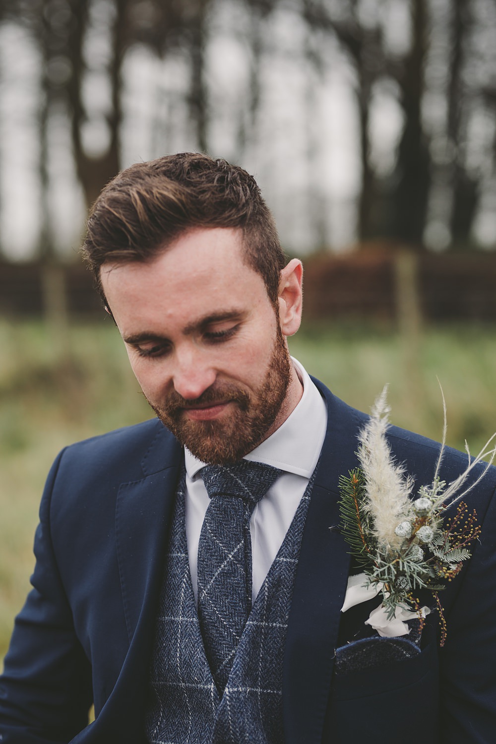 Groom Navy Suit Check Waistcoat Tie Oversized Large Buttonhole Christmas Wedding Ideas Mini and Me Photography