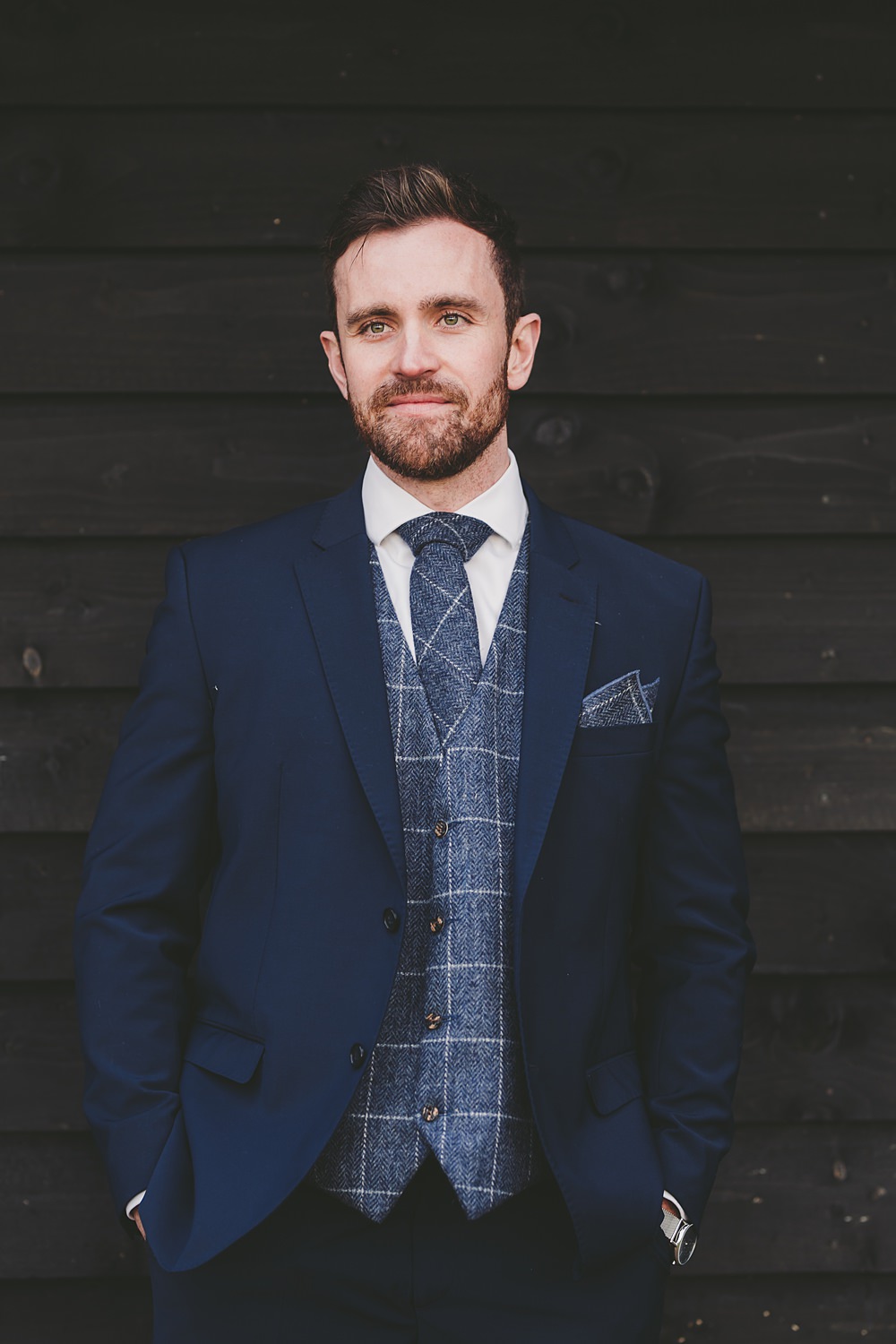 Groom Navy Suit Check Waistcoat Tie Christmas Wedding Ideas Mini and Me Photography