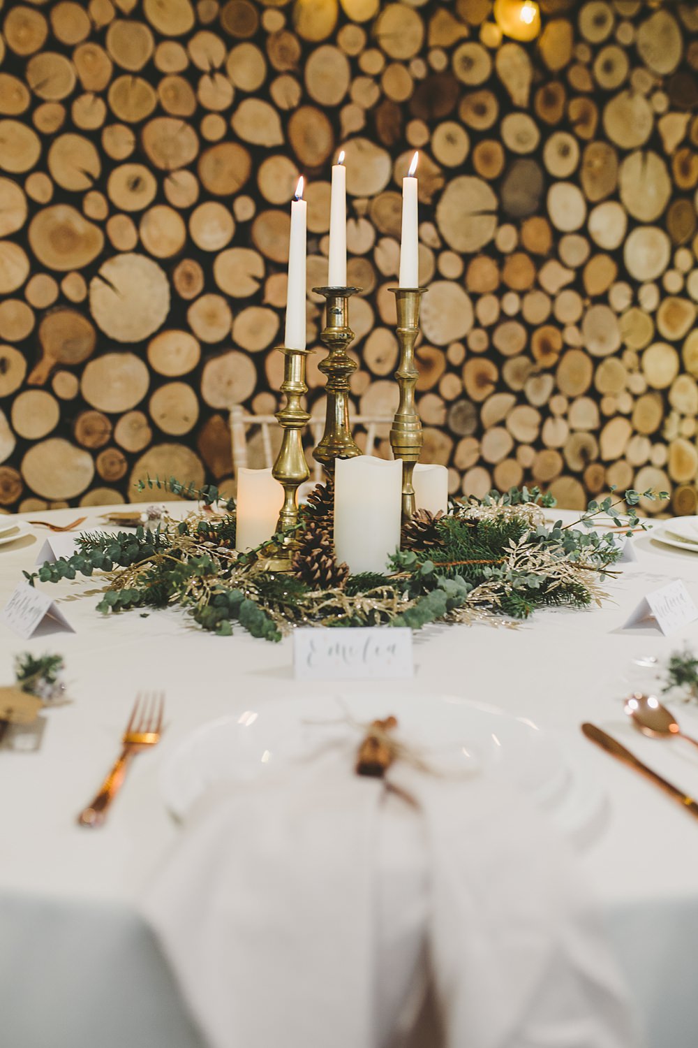 Table Centrepiece Tall Gold Candles Greenery Christmas Wedding Ideas Mini and Me Photography