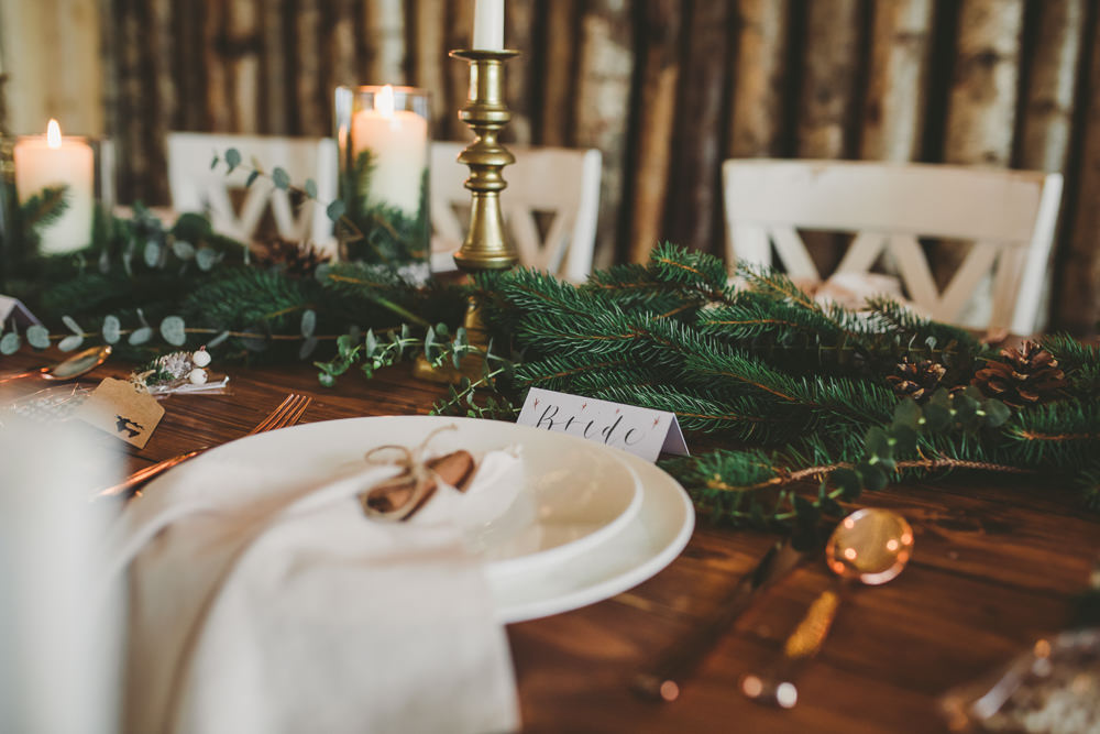 Table Tablescape Decor Spruce Greenery Pinecones Candles Place Setting Christmas Wedding Ideas Mini and Me Photography