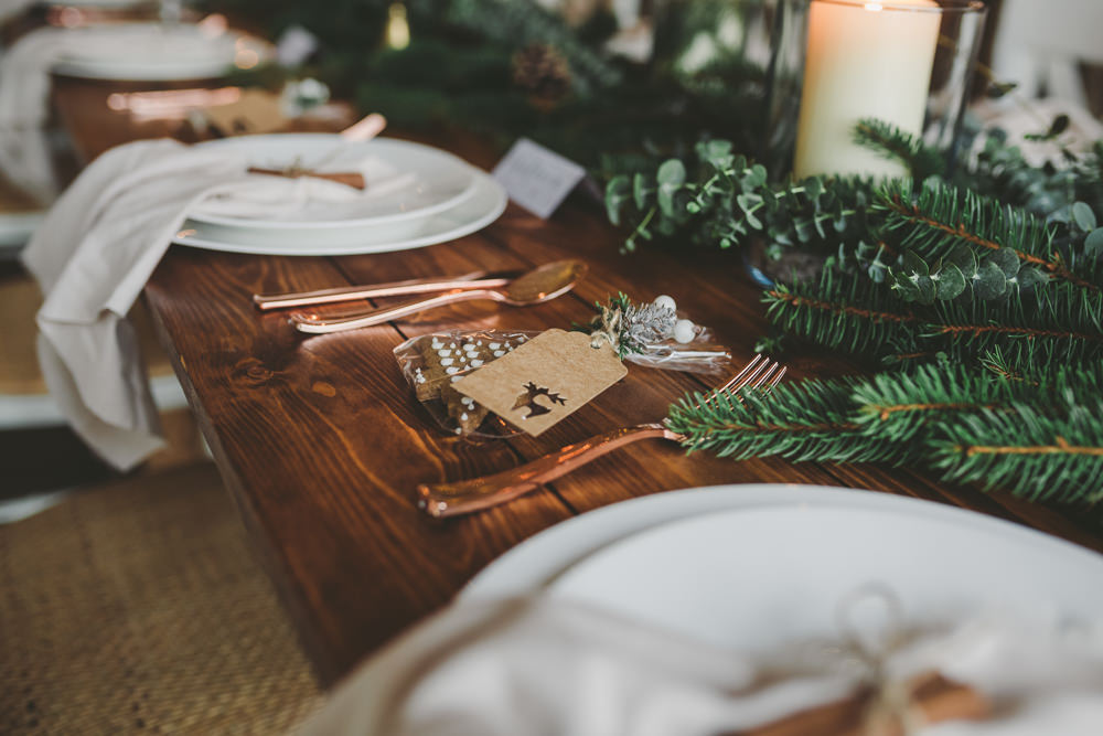 Gingerbread Favour Table Tablescape Decor Spruce Greenery Pinecones Candles Christmas Wedding Ideas Mini and Me Photography
