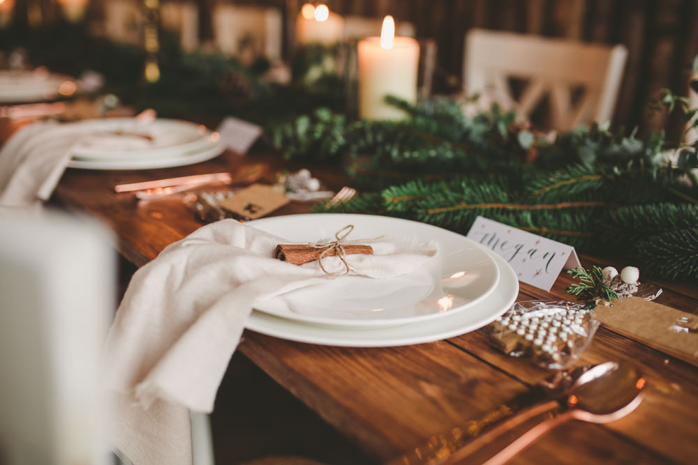 Table Tablescape Decor Spruce Greenery Pinecones Candles Place Setting Christmas Wedding Ideas Mini and Me Photography