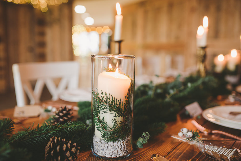 Table Tablescape Decor Spruce Greenery Pinecones Candles Christmas Wedding Ideas Mini and Me Photography