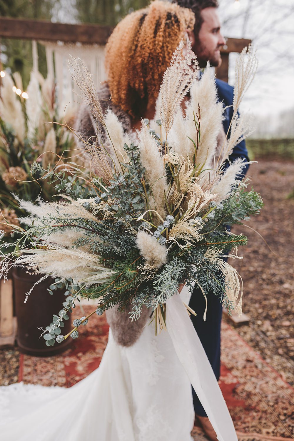 Large Bridal Bouquet Flowers Pampas Grass Eucalyptus Christmas Wedding Ideas Mini and Me Photography