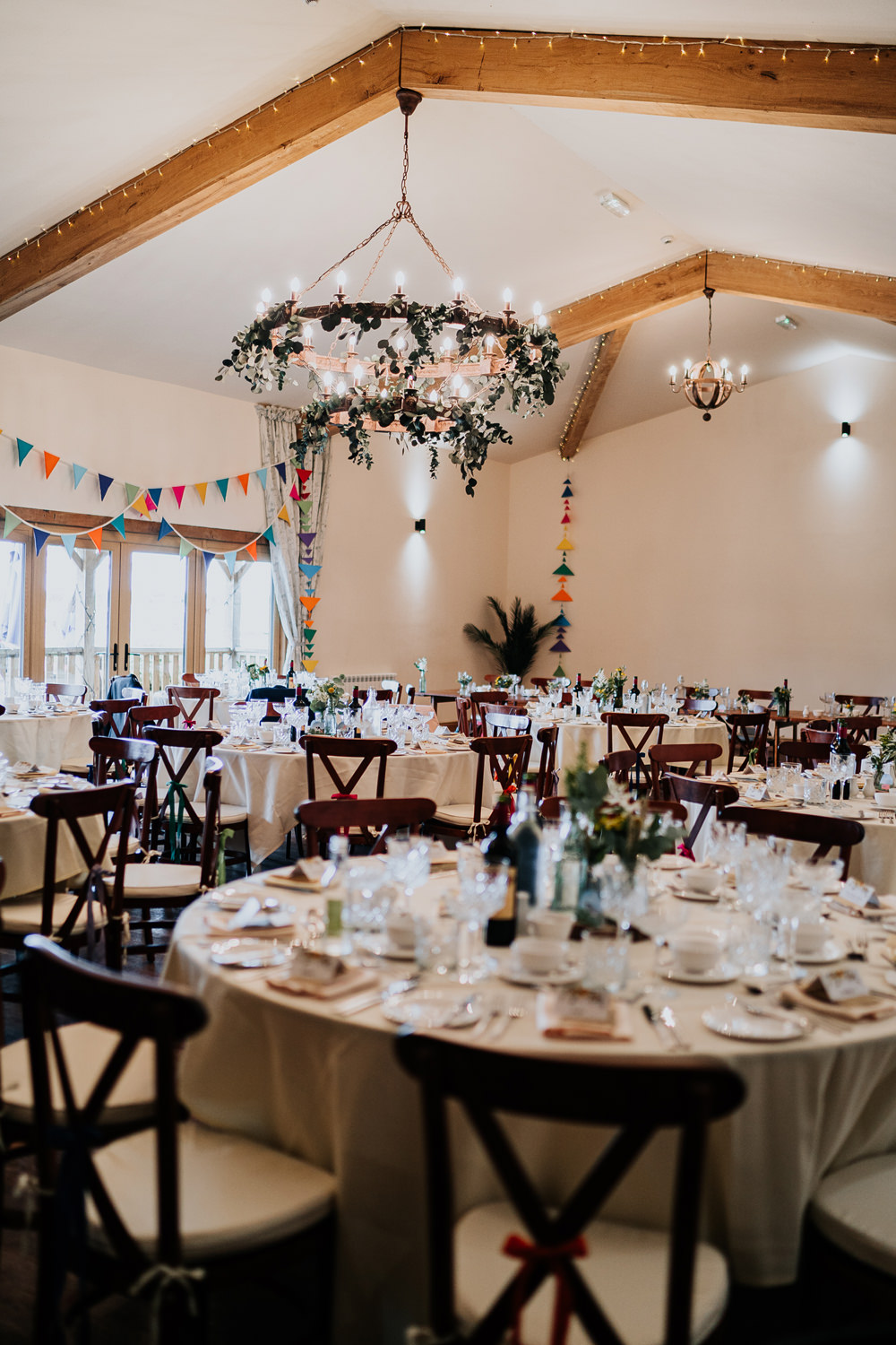 Modern Barn Reception Round Tables Coton House Farm Wedding Stephanie Butt Photography