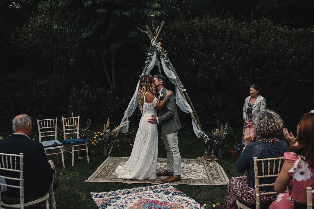 DIY Boho Wedding Jade Maguire Photography Naked Tipi Ceremony Backdrop Flowers Fabric Rugs Aisle