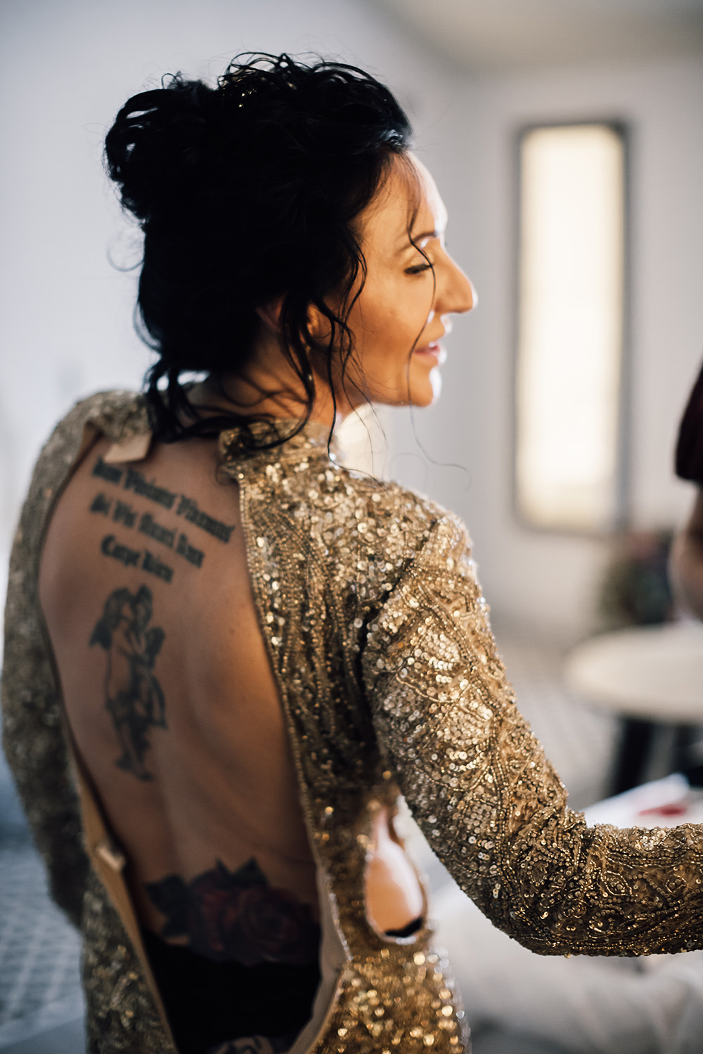 Beaded Sequin Backless Gown Dress Bride Bridal Gold Autumn Wedding Rebecca Love Photo