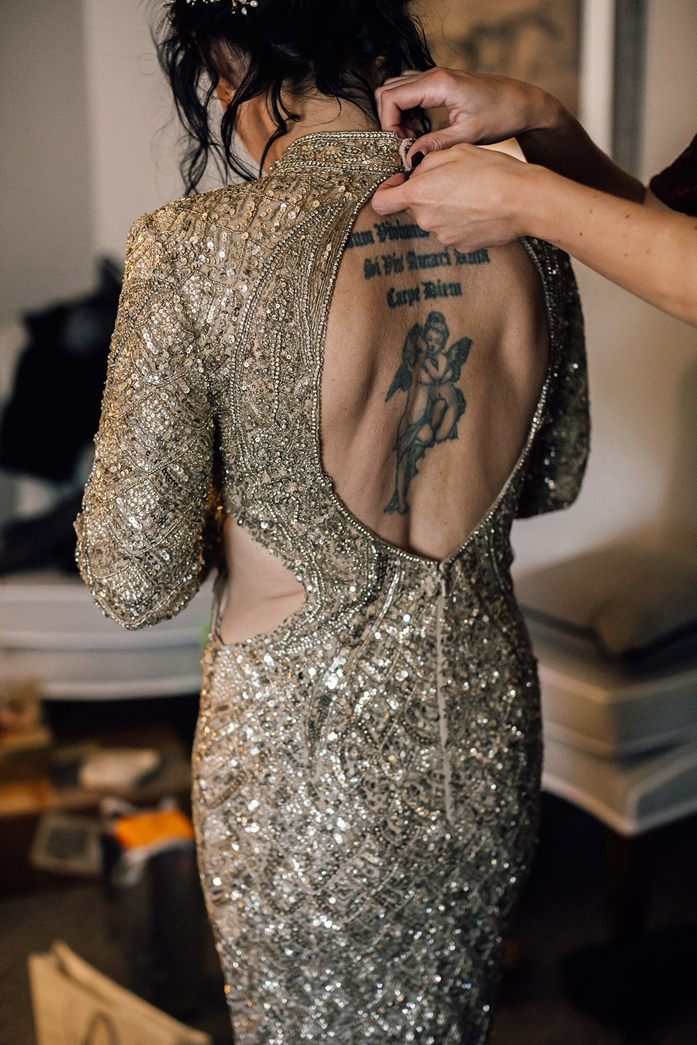Beaded Sequin Backless Gown Dress Bride Bridal Gold Autumn Wedding Rebecca Love Photo