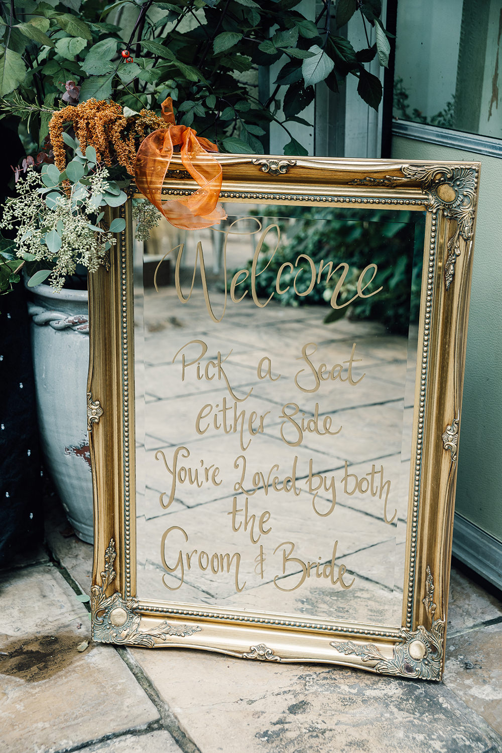 Mirror Welcome Sign Gold Autumn Wedding Rebecca Love Photo