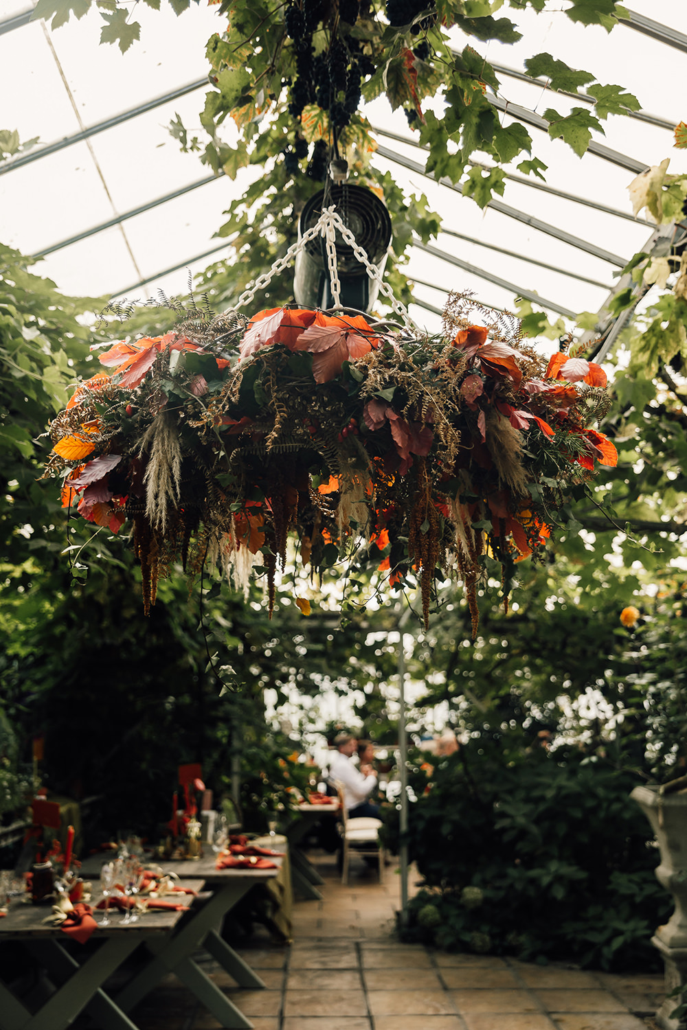 Hoop Wreath Suspended Hanging Flowers Gold Autumn Wedding Rebecca Love Photo