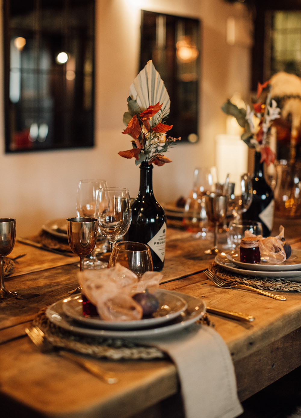 Wooden Long Table Bootle Flowers Palm Leaf Hessian Decor Gold Autumn Wedding Rebecca Love Photo