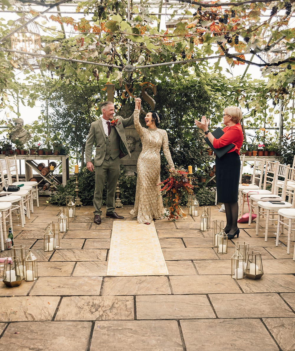 Ceremony Greenhouse Flowers Candles Aisle Gold Autumn Wedding Rebecca Love Photo