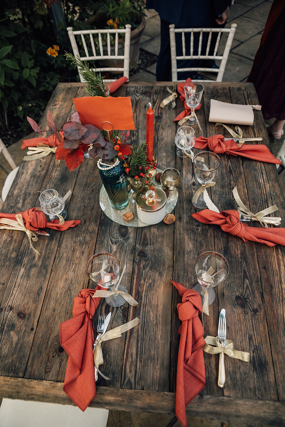 Table Decor Candles Orange Naplin Name Tag Ribbon Gold Autumn Wedding Rebecca Love Photo