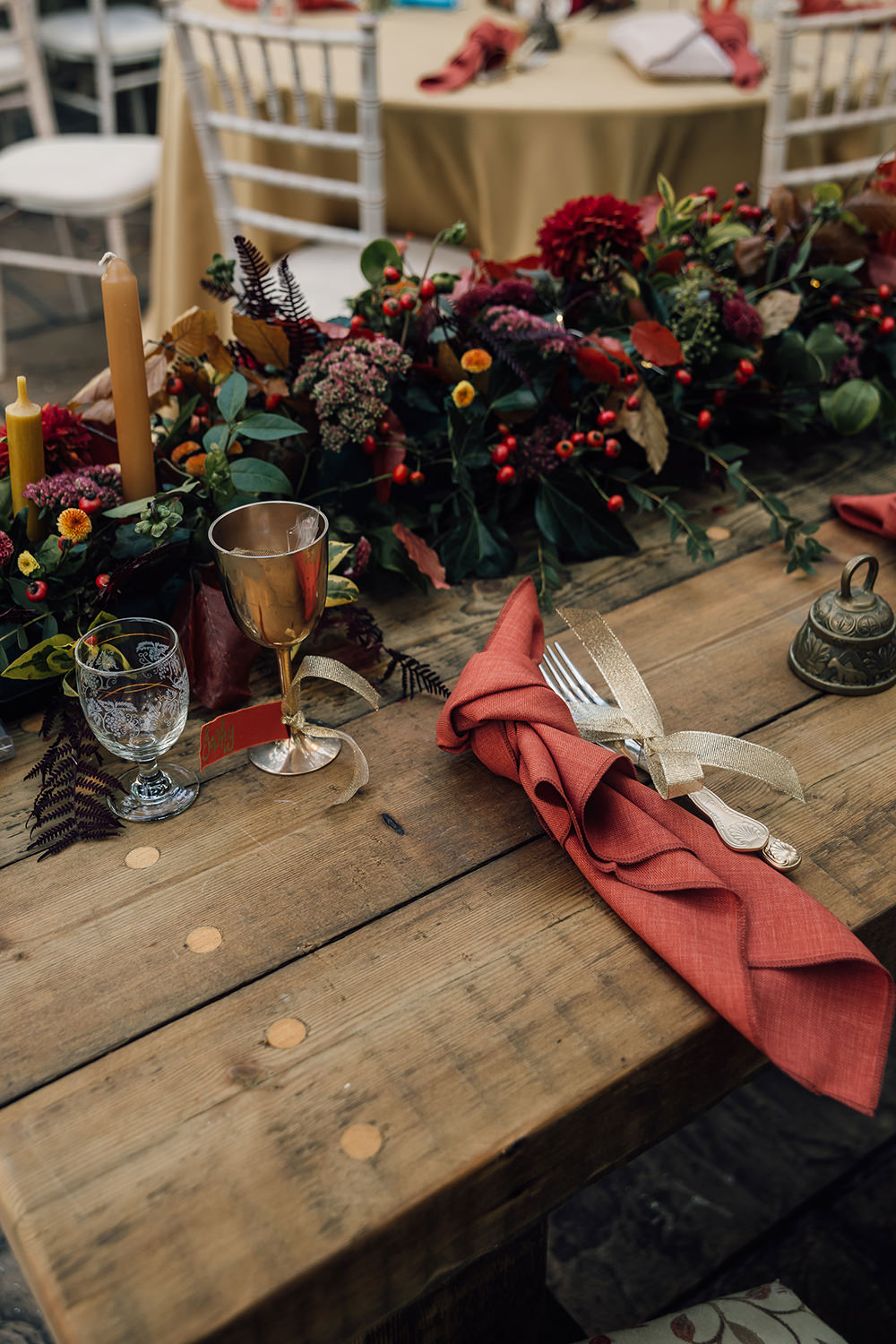 Table Decor Candles Orange Naplin Name Tag Ribbon FlowersGold Autumn Wedding Rebecca Love Photo