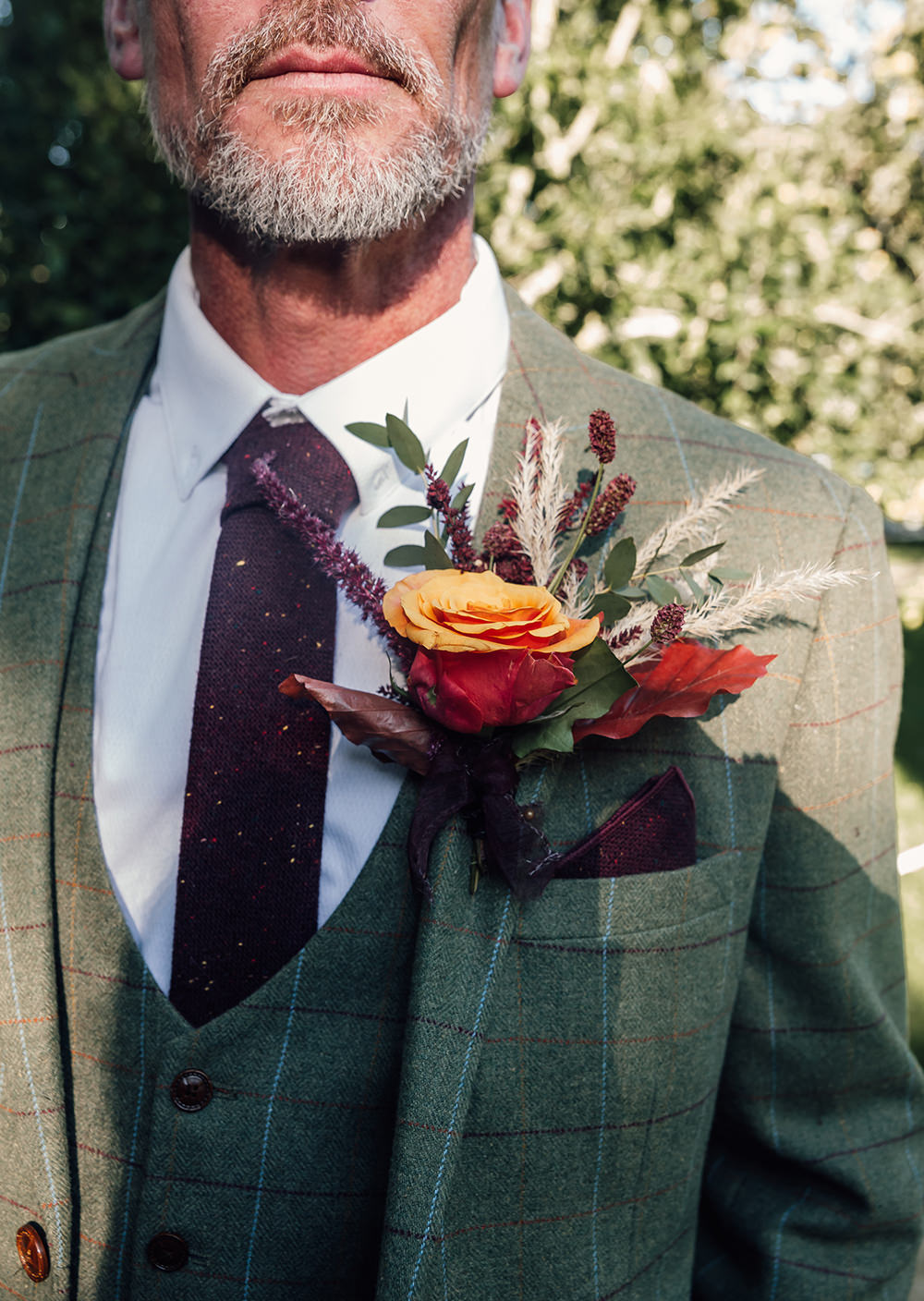Groom Buttonhole Flowers Orange Rose Gold Autumn Wedding Rebecca Love Photo