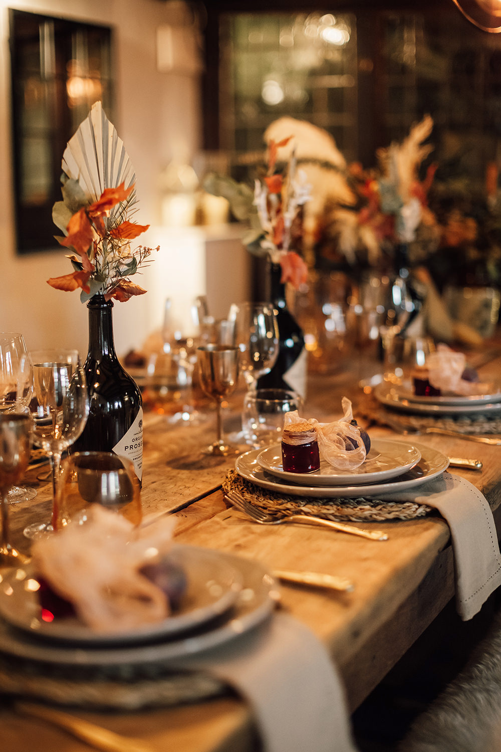Wooden Long Table Bootle Flowers Palm Leaf Hessian Decor Gold Autumn Wedding Rebecca Love Photo