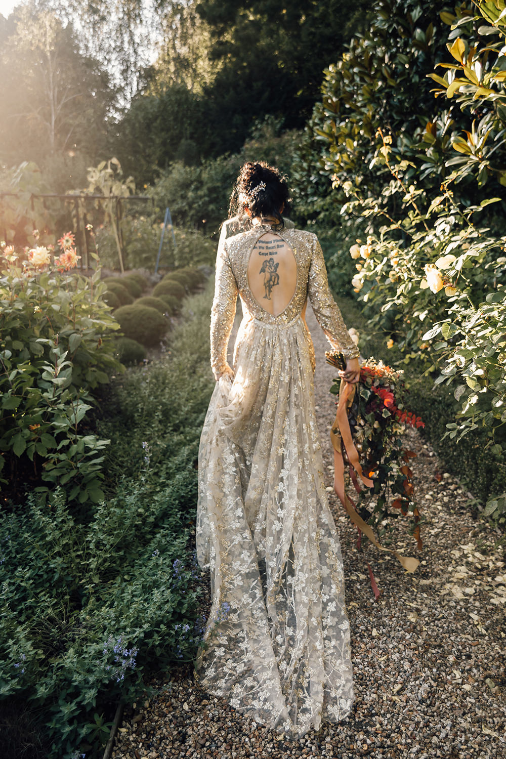 Beaded Sequin Backless Gown Dress Bride Bridal Gold Autumn Wedding Rebecca Love Photo