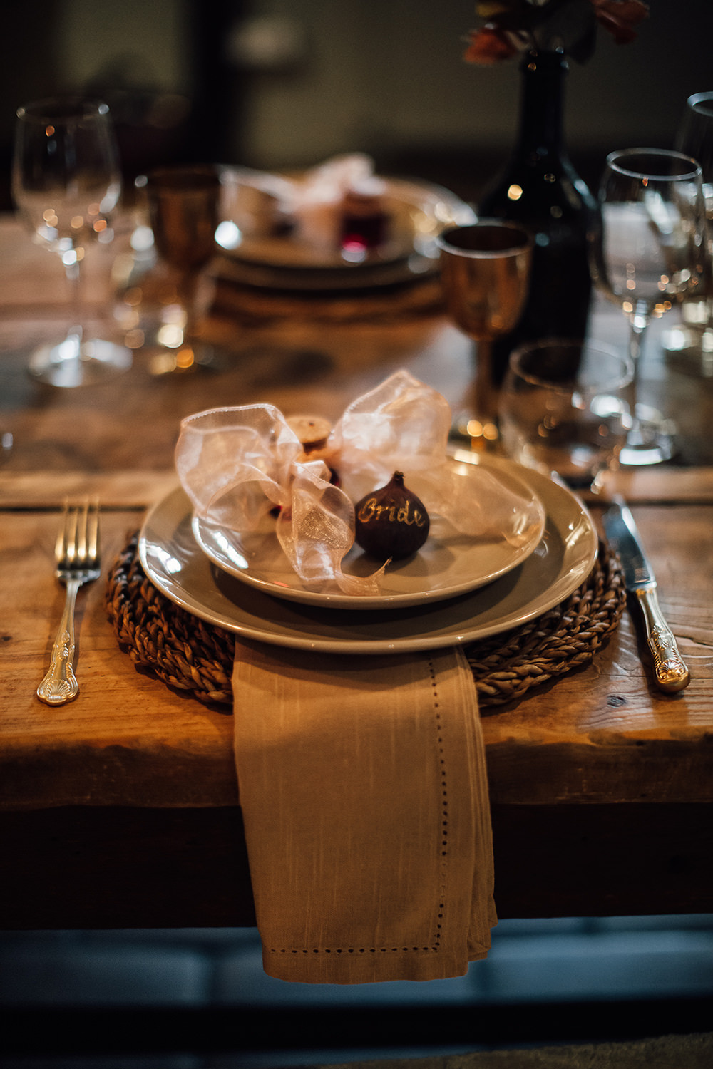 Wooden Long Table Bootle Flowers Palm Leaf Hessian Decor Place Setting Gold Autumn Wedding Rebecca Love Photo