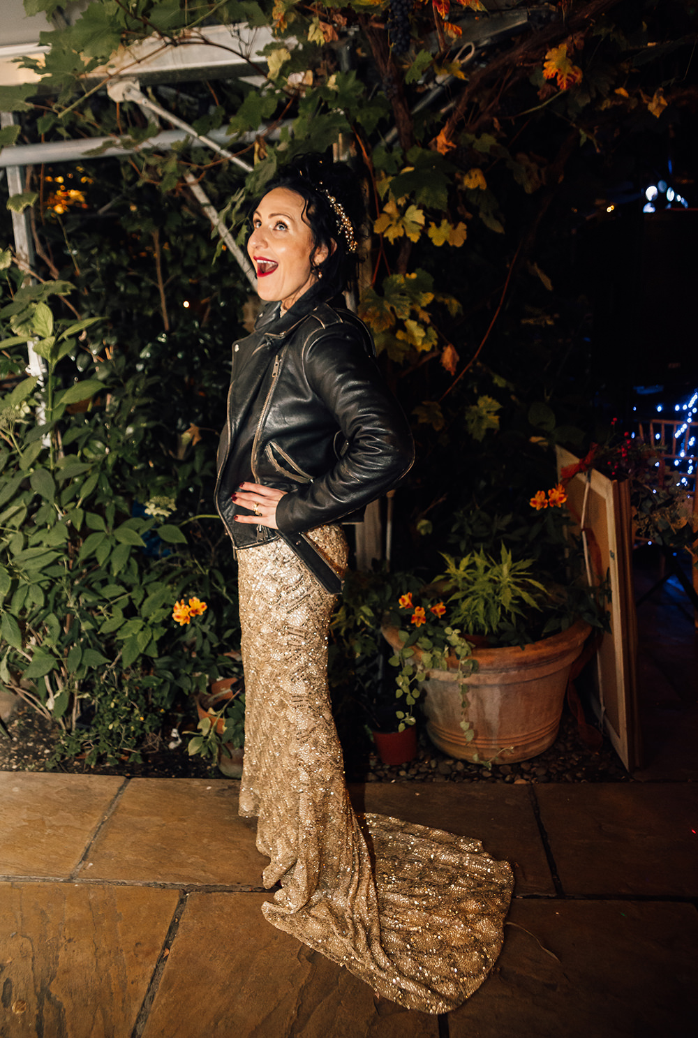 Leather Jacket Beaded Sequin Backless Gown Dress Bride Bridal Gold Autumn Wedding Rebecca Love Photo