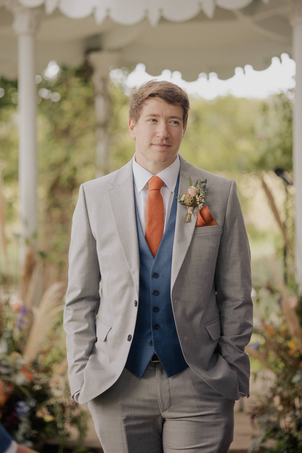 Groom Grey Suit Navy Waistcoat Greatest Showman Wedding Kerry Ann Duffy