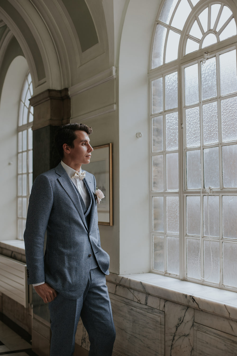 Groom Blue Suit Pink Bow Tie Islington Town Hall Wedding Grace Pham Photography