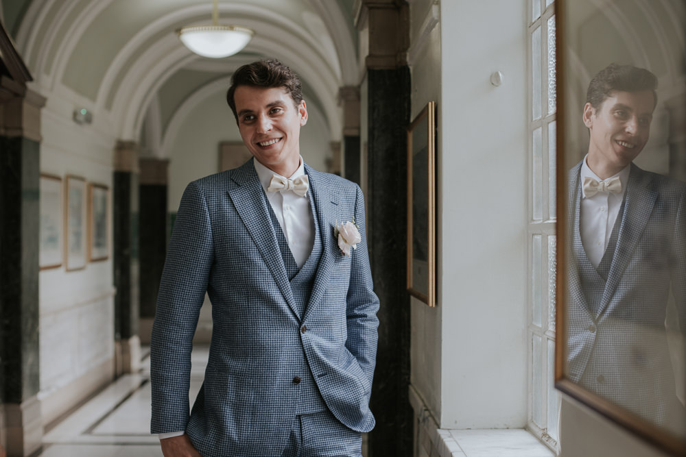 Groom Blue Suit Pink Bow Tie Islington Town Hall Wedding Grace Pham Photography