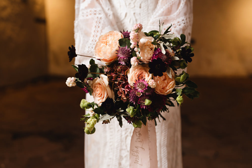 Bouquet Flowers Bride Bridal Blush Rose Burgundy Dahlia Greenery Calligraphy Ribbon Medieval Barn Wedding Sam Gibson Photography