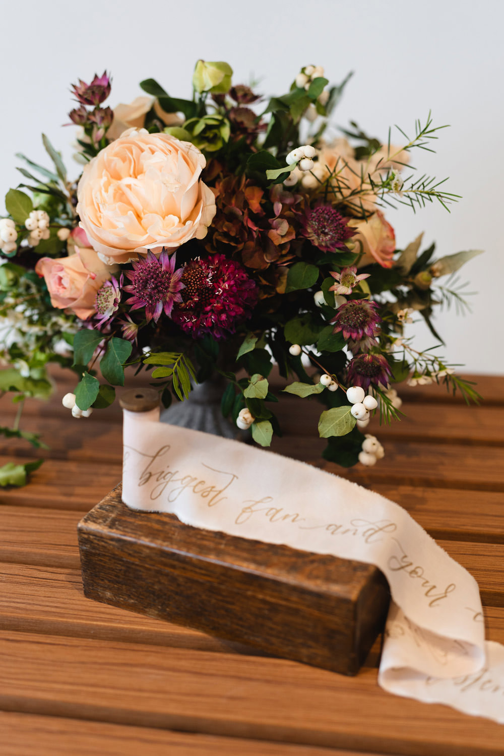 Bouquet Flowers Bride Bridal Blush Rose Burgundy Dahlia Greenery Calligraphy Ribbon Medieval Barn Wedding Sam Gibson Photography