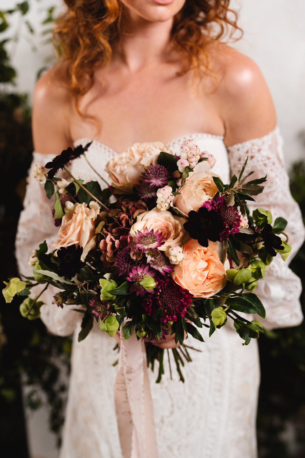Bouquet Flowers Bride Bridal Blush Rose Burgundy Dahlia Greenery Calligraphy Ribbon Medieval Barn Wedding Sam Gibson Photography